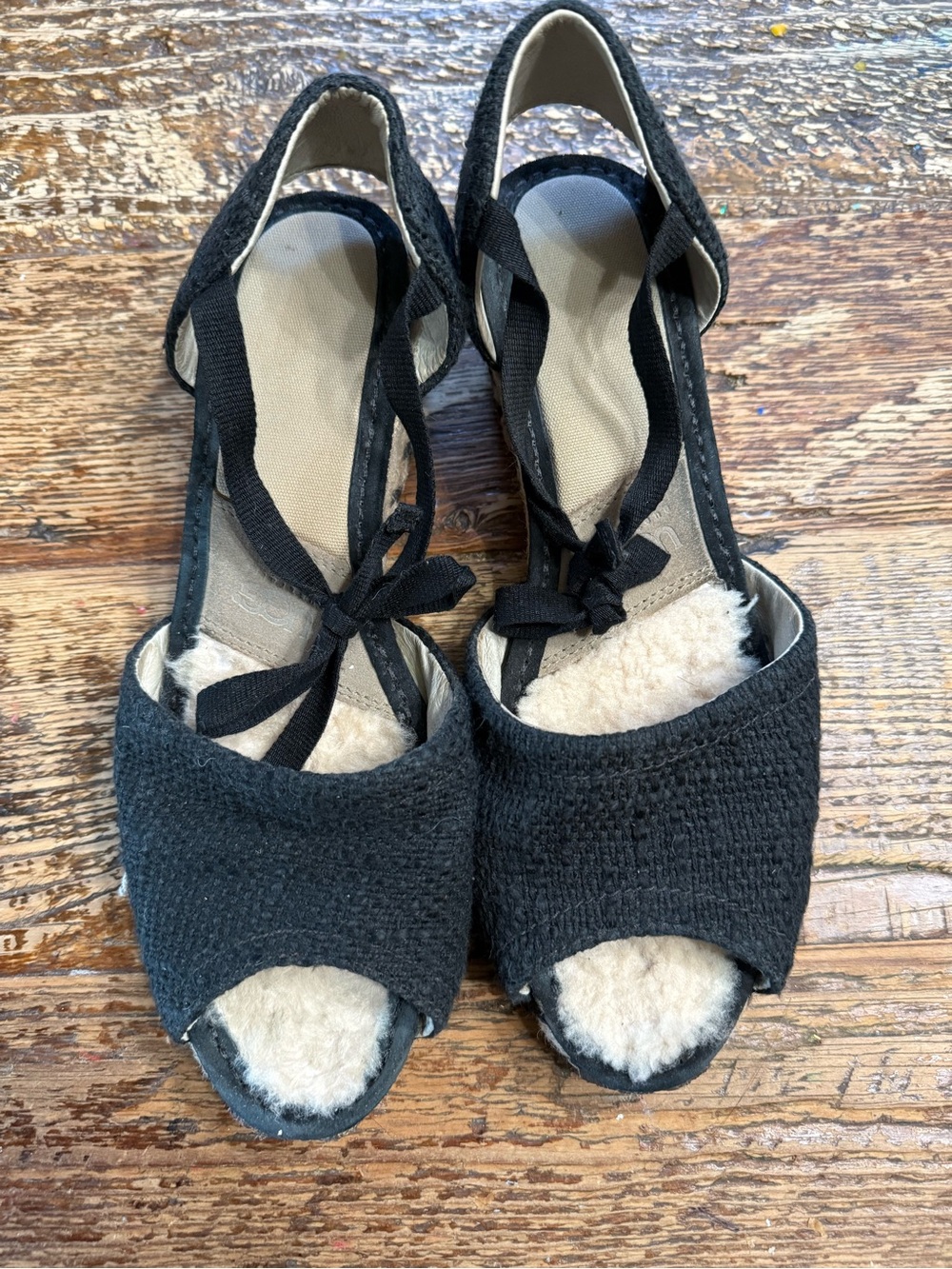 UGG Black Open-Toe Shearling Insole Ankle-Tie Sandals